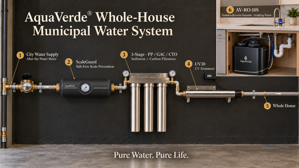 AquaVerde whole-house municipal water system diagram: city water supply after the water meter, ScaleGuard salt-free scale prevention, 3-Stage stainless steel filter, UV30 unit and AV-RO-10S tankless reverse osmosis under the kitchen sink