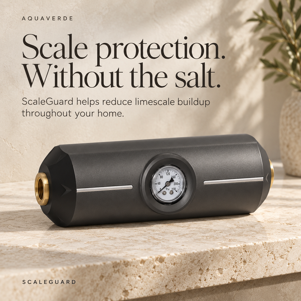 AquaVerde ScaleGuard salt-free scale prevention system on a limestone surface