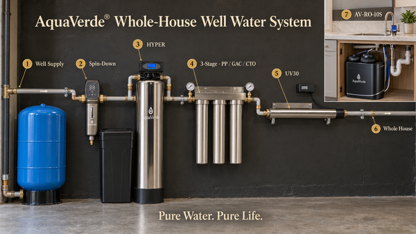 AquaVerde whole-house well water system diagram: well supply, Spin-Down pre-filter, HYPER conditioning tank, 3-Stage stainless steel filter, UV30 unit and AV-RO-10S tankless reverse osmosis under the kitchen sink