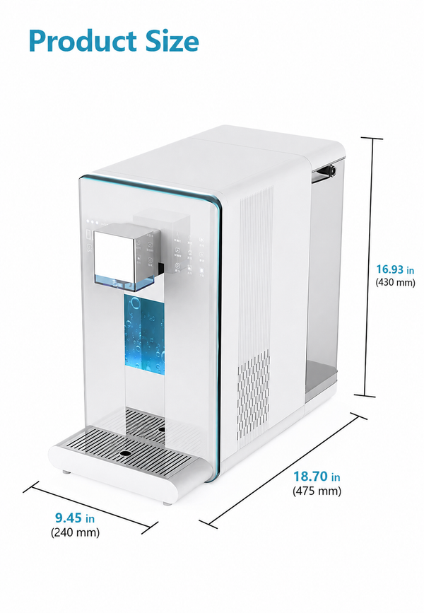 AquaVerde PURE Countertop RO Hydrogen Water Station dimensions – 9.4 in wide, 18.7 in deep, 16.9 in high
